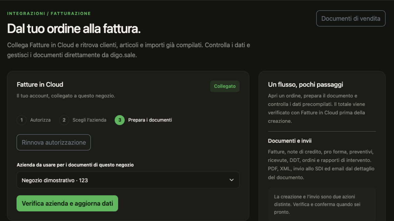 Impostazioni dell’integrazione Fatture in Cloud nel pannello Digo Sale