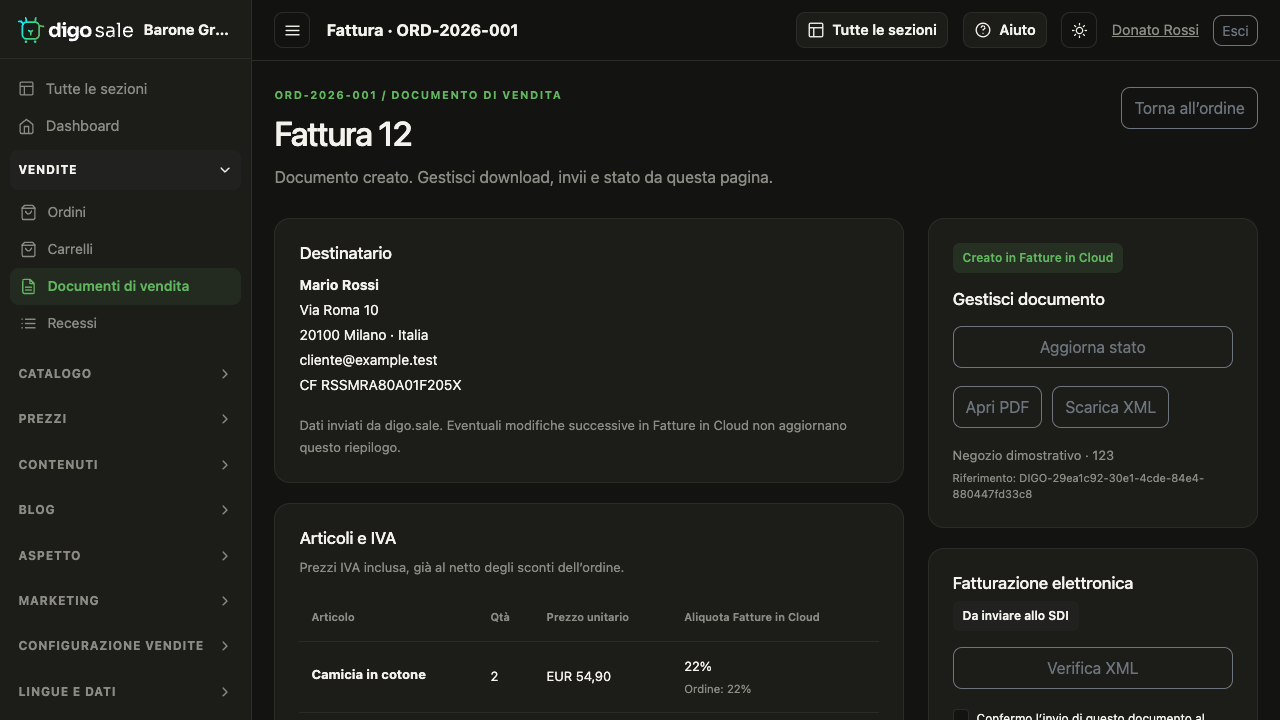 Gestione di un documento e del suo invio allo SDI nel pannello Digo Sale